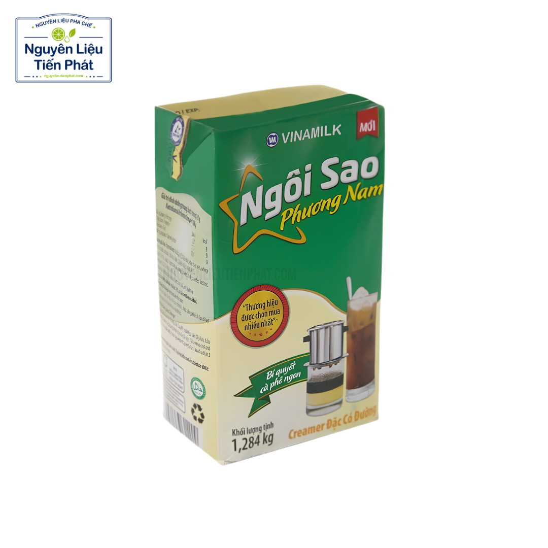 Sữa Đặc Có Đường Ngôi Sao Phương Nam Xanh Lá 1284Gr béo thơm, sánh mịn, phù hợp pha cà phê, trà sữa và làm bánh. Mua chính hãng tại Nguyên Liệu Tiến Phát.